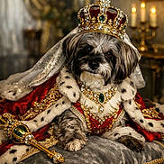 Joyce a rejoint le concours — aidez-le/la à gagner de superbes lots ! dog, crown, royal_robe, scepter, cushion, jewelry, portrait, luxury, decor, indoor, animal, pet, fancy, gold, red, velvet, fur, costume, majestic, canine