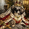 dog, crown, royal_robe, scepter, cushion, jewelry, portrait, luxury, decor, indoor, animal, pet, fancy, gold, red, velvet, fur, costume, majestic, canine