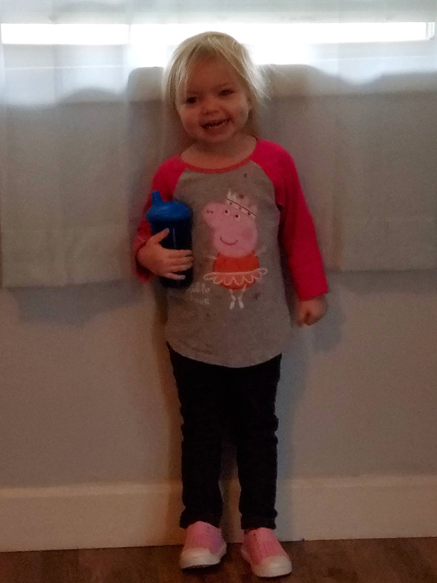 Jordynn Nevaeh is registered to the contest to win money with this photo: arm, child, footwear, jeans, joint, joy, knee, leg, neck, outerwear, person, play, shoe, shoulder, sleeve, sportswear, standing, t_shirt, thumb, toddler