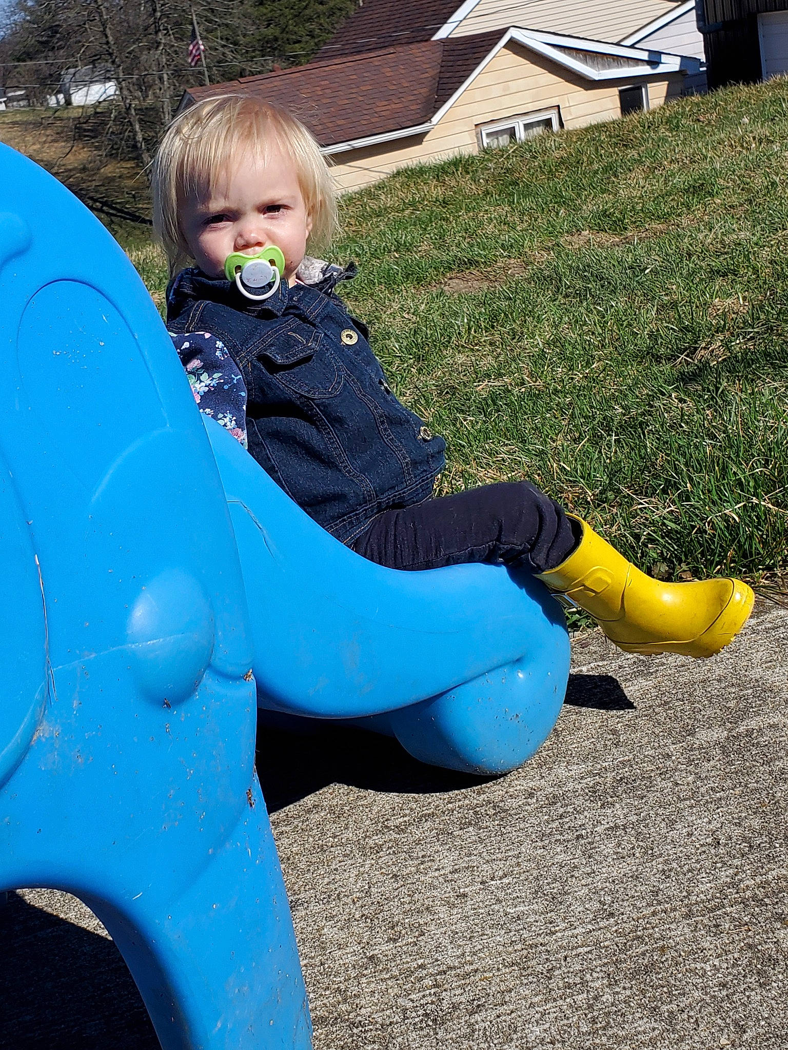 Jordynn Nevaeh joined the competition — help win amazing prizes! blue, child, electric_blue, fun, games, grass, outdoor_play_equipment, person, play, playground, public_space, recreation, sitting, smile, toddler, yellow