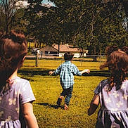 Oliver Lee joined the competition — help win amazing prizes! child, children, outdoor, grass, running, tree, dress, plaid_shirt, playing, sunny, daytime, field, back_view, boy, girl, nature, house, fence, casual_clothing, summer
