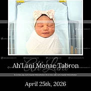 Ahlani is registered to the contest to win money with this photo: newborn, baby, swaddled, blanket, headband, bow, sleeping, infant, hospital, bassinet, portrait, cute, peaceful, child, face, person, white, text_overlay, announcement, black_background