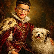 King joined the competition — help win amazing prizes! animal, boy, child, classic, costume, curly_hair, cute, dog, fancy_outfit, friendly, fur_cloak, glasses, hand_on_dog, happy, indoor, pet, portrait, red_clothing, smile, vintage_style