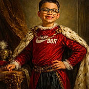 King joined the competition — help win amazing prizes! child, boy, glasses, smile, red_clothing, royal_robe, fur_cape, gold_chain, portrait, confident_pose, table, crown, jewelry, indoor, historical_style, modern_tshirt, fashion_mix, hands_on_hip, background_wall, young_person