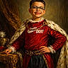 child, boy, glasses, smile, red_clothing, royal_robe, fur_cape, gold_chain, portrait, confident_pose, table, crown, jewelry, indoor, historical_style, modern_tshirt, fashion_mix, hands_on_hip, background_wall, young_person