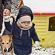 Malo participe au concours pour gagner de l'argent avec cette photo : child, toddler, snow, winter, dog, adult_hand, playhouse, boots, coat, gloves, scarf, hat, outdoor, grass, tree, snow_covered, walking, person, pet, cold_weather