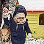 child, toddler, snow, winter, dog, adult_hand, playhouse, boots, coat, gloves, scarf, hat, outdoor, grass, tree, snow_covered, walking, person, pet, cold_weather