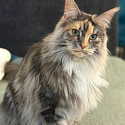 Nala a rejoint le concours — aidez-le/la à gagner de superbes lots ! cat, long_hair, feline, pet, animal, sitting, whiskers, ears, fur, portrait, indoor, domestic, cute, green_eyes, fluffy, tabby, white_paws, close_up, relaxed, background_blur