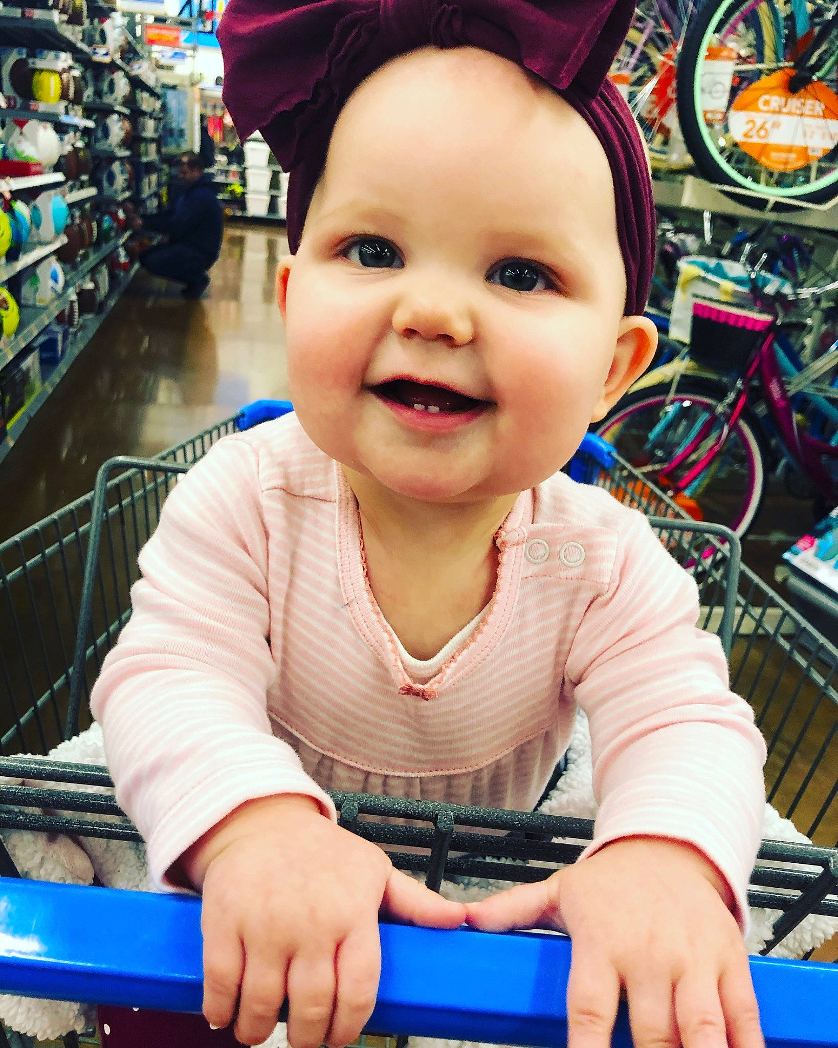 Paityn is registered to the contest to win money with this photo: baby, cart, cheek, child, chin, eye, face, facial_expression, fun, happy, joy, leisure, person, play, product, shopping_cart, skin, smile, toddler, vacation
