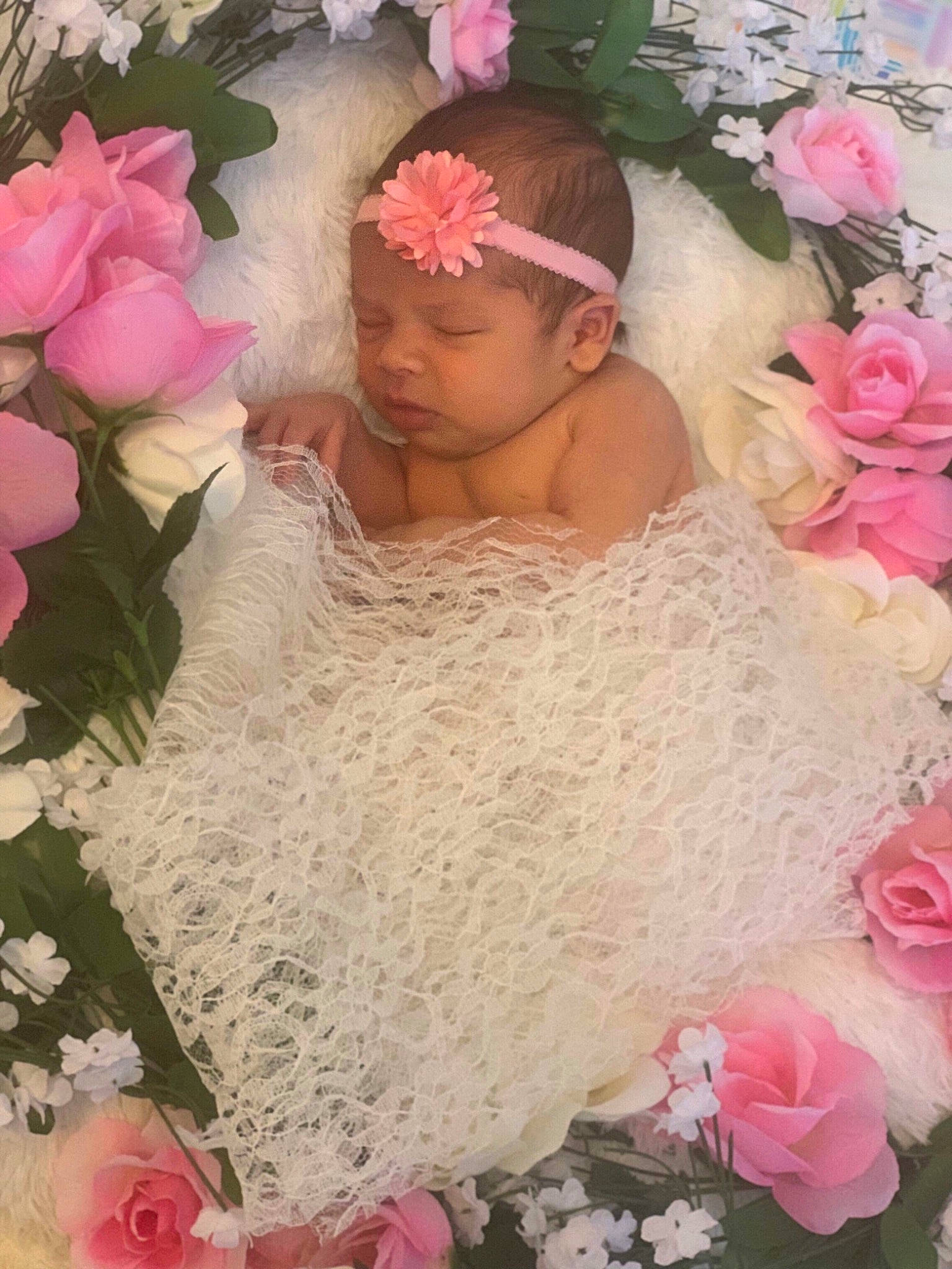 Ariel is registered to the contest to win money with this photo: bridal_accessory, child, dress, fashion_accessory, flower, hair_accessory, headgear, headpiece, lace, person, petal, pink, plant, rose, rose_family, textile