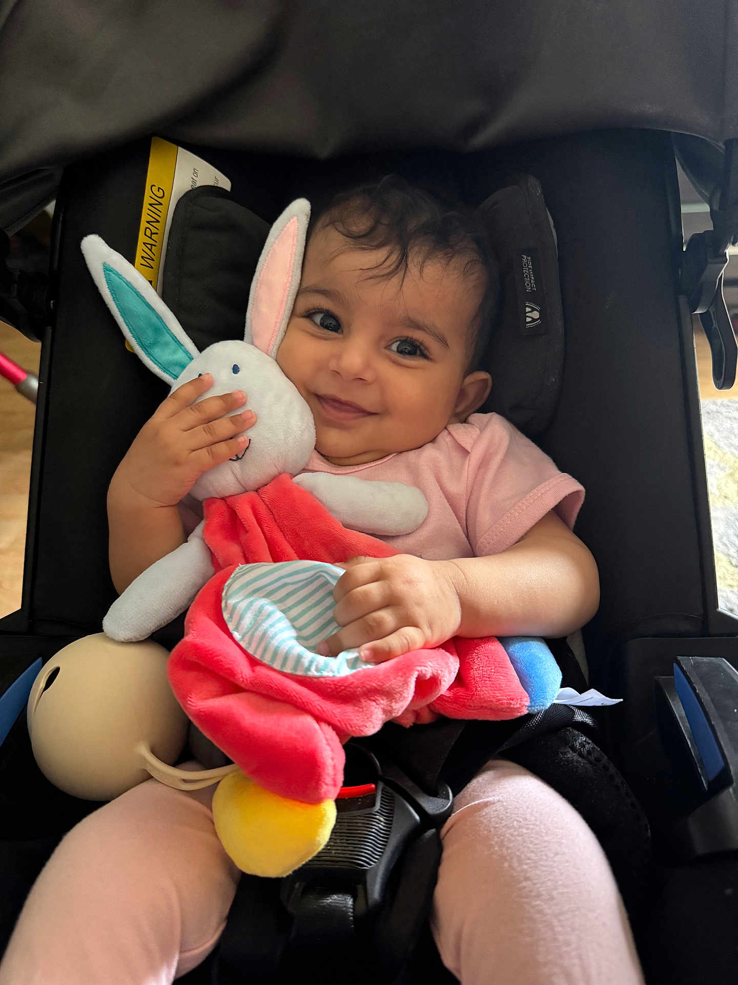 Lilia a rejoint le concours — aidez-le/la à gagner de superbes lots ! baby, child, smiling, plush_toy, bunny, stroller, seatbelt, pink_clothing, happy, cute, indoor, person, infant, soft_toy, toddler, playful, comfort, closeup, portrait, cuddly