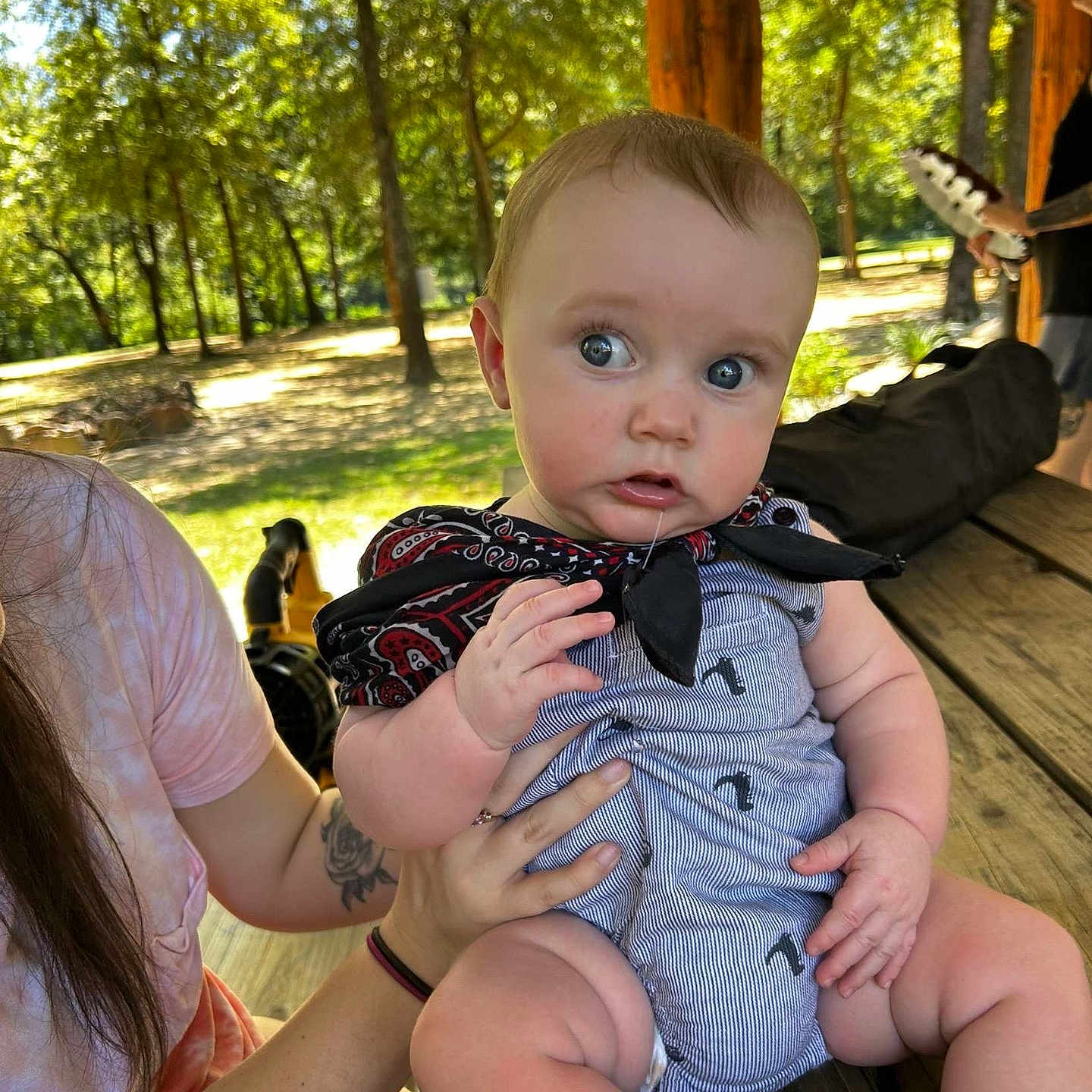 Coltyn is registered to the contest to win money with this photo: arm, baby, bandana, child, clothing, curious, daytime, drool, expression, hand, nature, outdoor, park, person, shade, summer, sunlight, tattoo, trees, wooden_bench