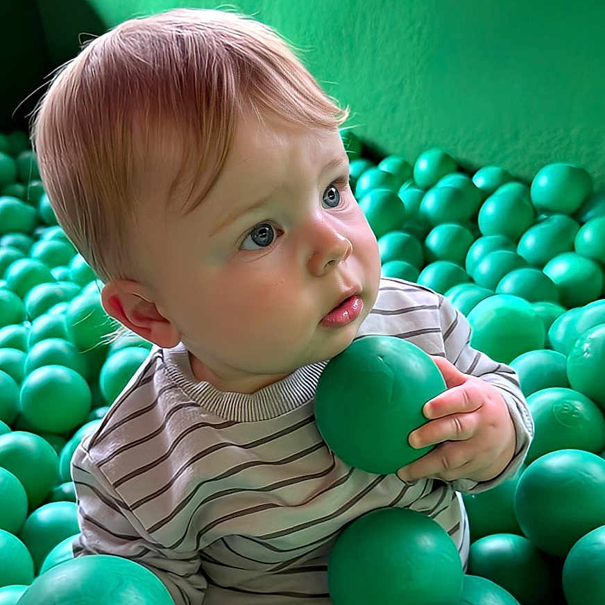 Maksim is registered to the contest to win money with this photo: baby, ball_pit, blue_eyes, child, curious, cute, expression, face, fun, green_balls, hand, indoor, playful, playroom, portrait, sitting, soft_light, striped_shirt, toddler, young_child