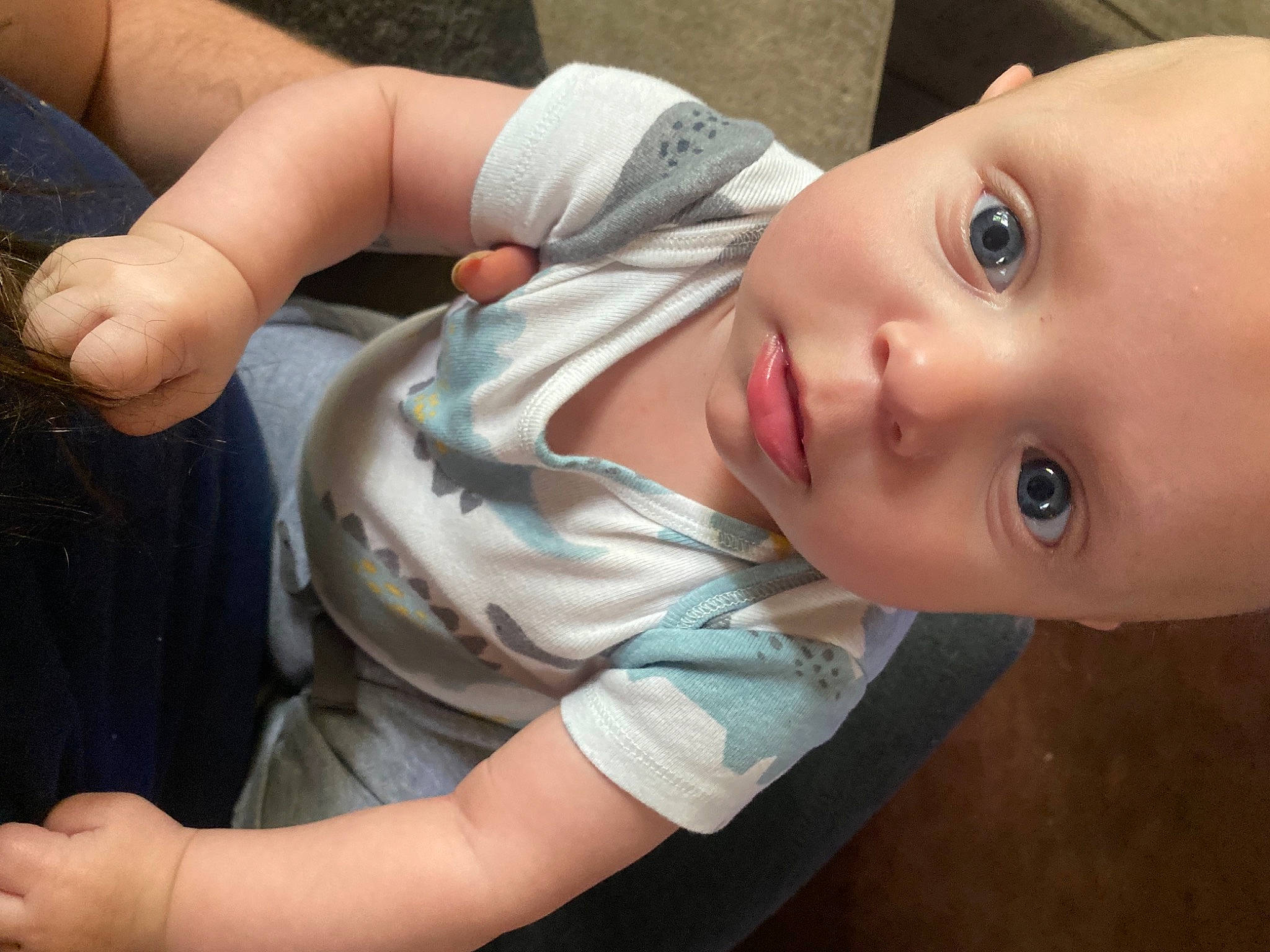 Lincoln is registered to the contest to win money with this photo: arm, baby, baby_toddler_clothing, cheek, dress, eyebrow, eyelash, finger, gesture, hair, hand, happy, joint, lip, mouth, neck, nose, person, skin, sleeve