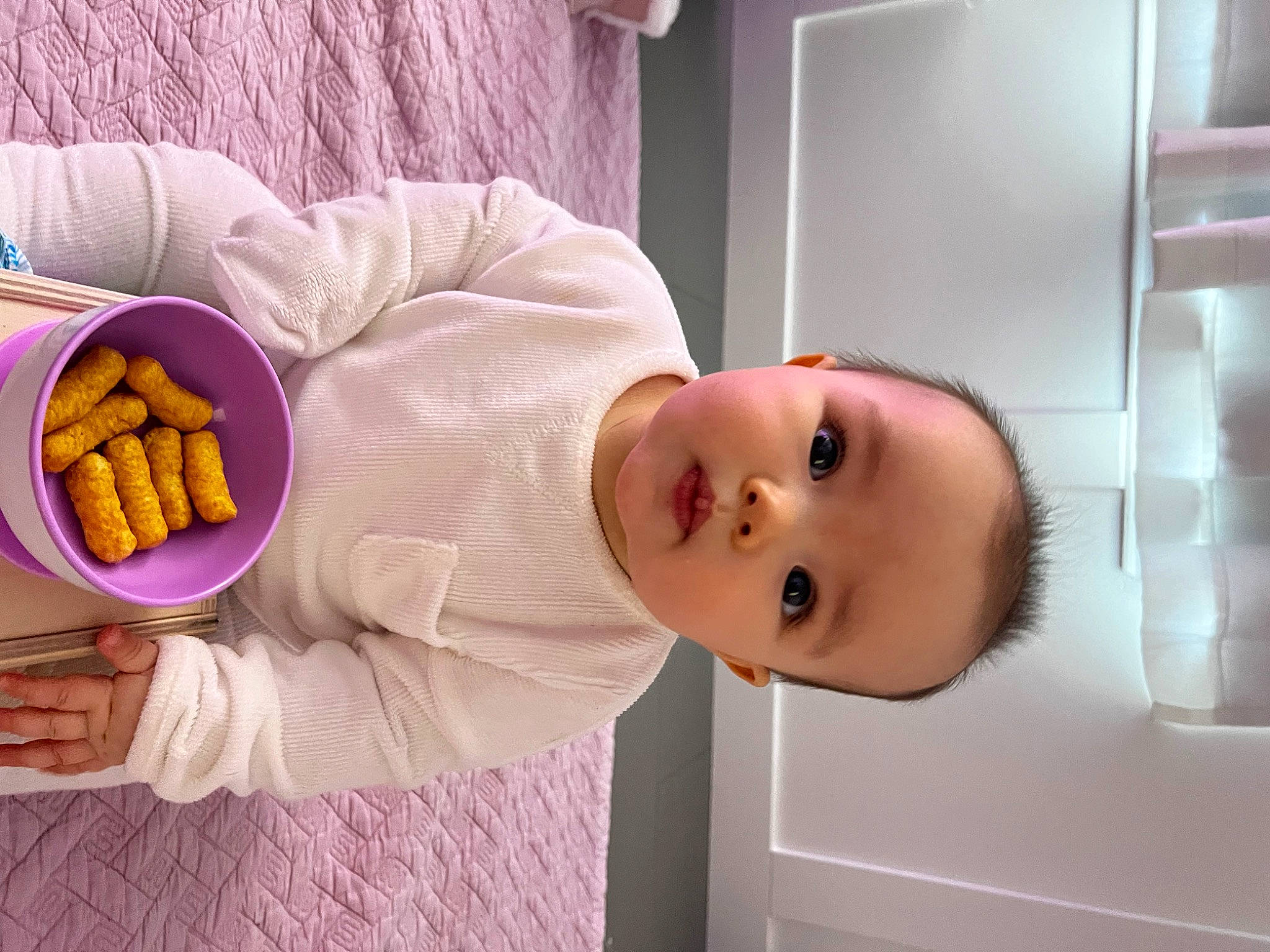 Mylah is registered to the contest to win money with this photo: baby, baby_toddler_clothing, child, comfort_food, cuisine, dish, finger_food, food, junk_food, person, plate, platter, product, recipe, room, smile, sweetness, tableware, toddler, vegetable