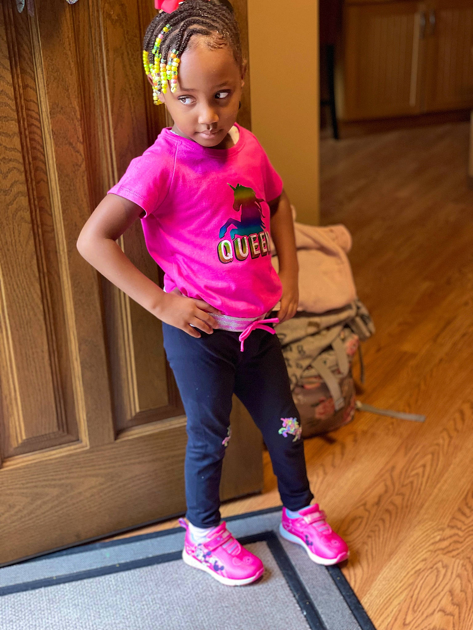 Christiana joined the competition — help win amazing prizes! active_pants, child, eyewear, flooring, happy, human_leg, knee, leisure, magenta, person, pink, shoe, sleeve, sneakers, sportswear, sweatpant, t_shirt, thigh, toddler, waist