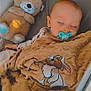 baby, sleeping, blanket, pacifier, plush_toy, teddy_bear, bed, crib, cozy, infant, cartoon, cute, child, soft, comfort, nap, peaceful, indoors, rest, warm
