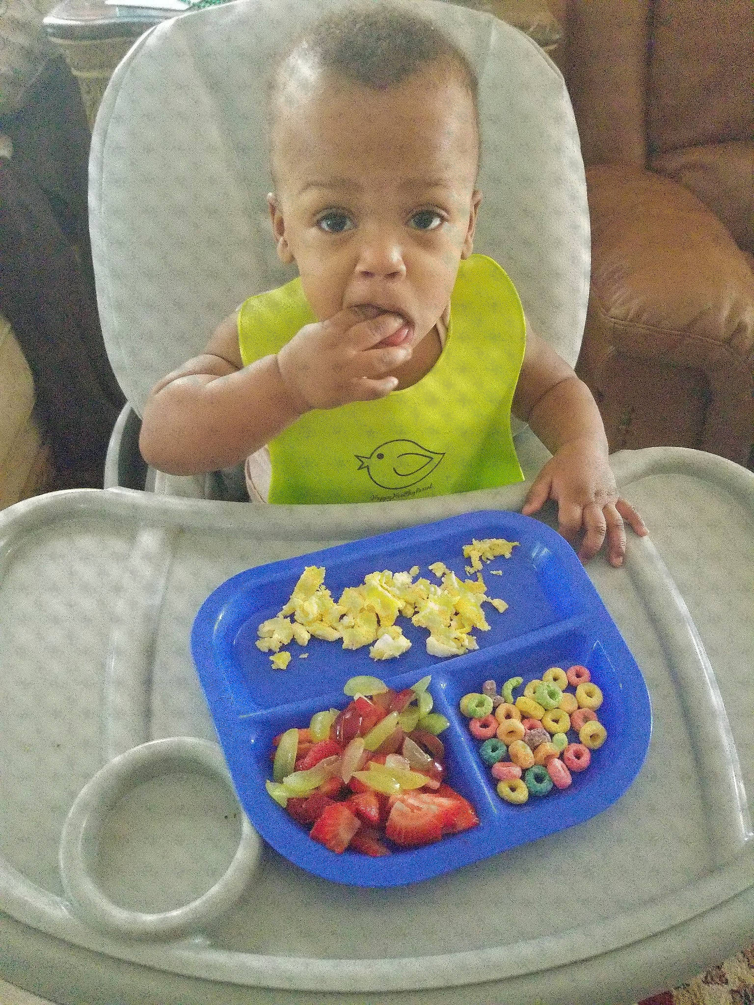 Ava-marie is registered to the contest to win money with this photo: baby, baby_food, child, comfort_food, cuisine, dish, eating, food, lunch, meal, person, plant, play, side_dish, surprise, toddler, vegetable, vegetarian_food
