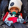 Marley joined the competition — help win amazing prizes! baby, child, pacifier, hat, knit_hat, mittens, plaid, red_blanket, stroller, black_stroller, winter_clothing, cozy, cute, infant, face, bundle, warm, outdoor_gear, child_in_stroller, portrait