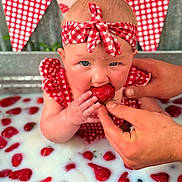 Noelle is registered to the contest to win money with this photo: baby, strawberry, milk_bath, red_gingham, headband, hand, fruit, cute, child, milk, dressed, sitting, food, fresh, closeup, portrait, skin, water, summer, colorful