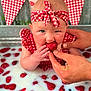 baby, strawberry, milk_bath, red_gingham, headband, hand, fruit, cute, child, milk, dressed, sitting, food, fresh, closeup, portrait, skin, water, summer, colorful