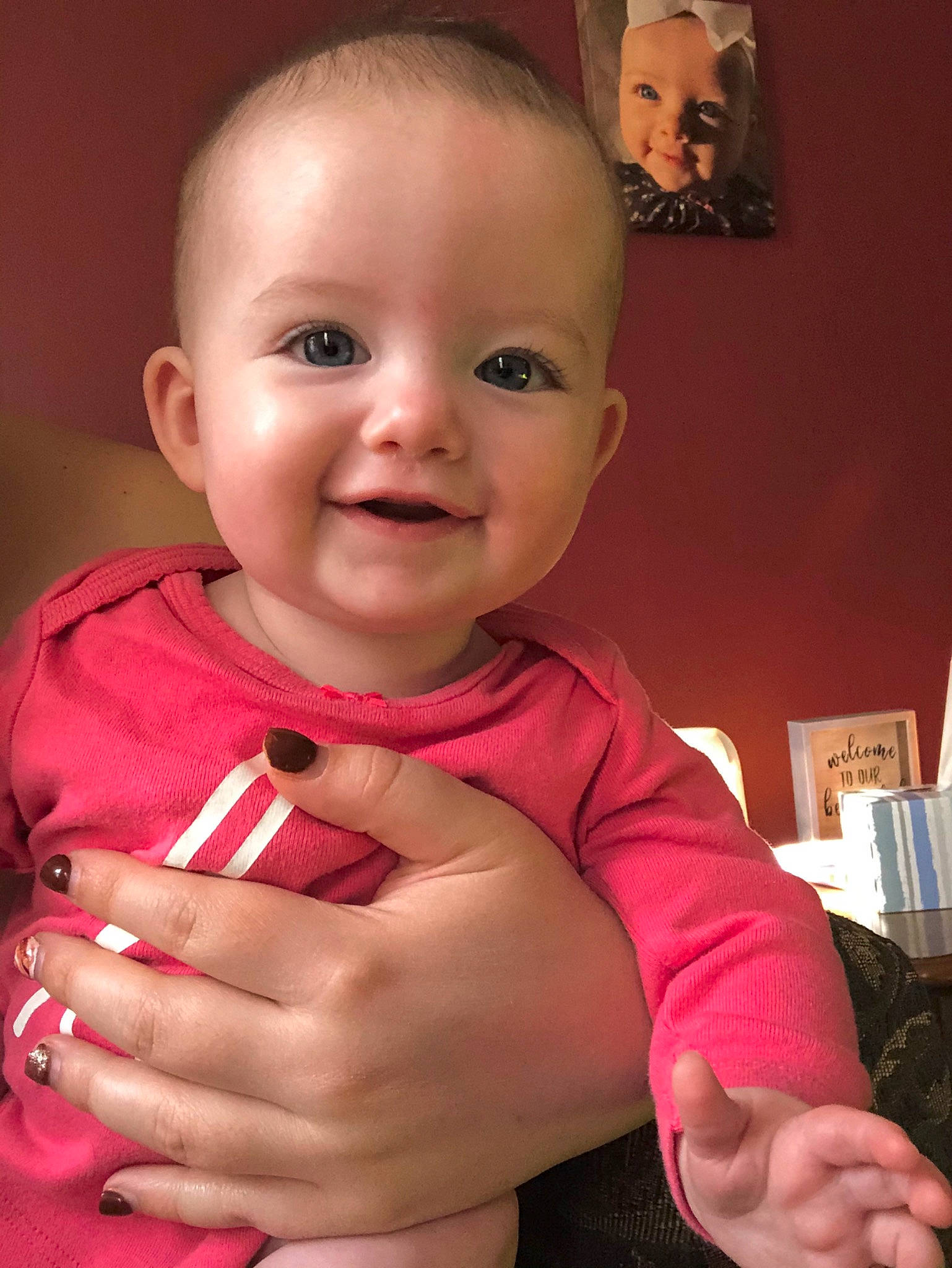 Oaklee is registered to the contest to win money with this photo: baby, cheek, child, chin, face, facial_expression, finger, gesture, hand, head, joy, lip, mouth, nail, nose, person, pink, skin, smile, thumb