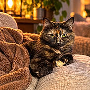 Clea joined the competition — help win amazing prizes! cat, tortoiseshell_cat, feline, pet, animal, portrait, sitting, couch, blanket, indoor, living_room, cozy, warm_lighting, lamp, houseplant, green_eyes, fur, whiskers, relaxed, home_decor
