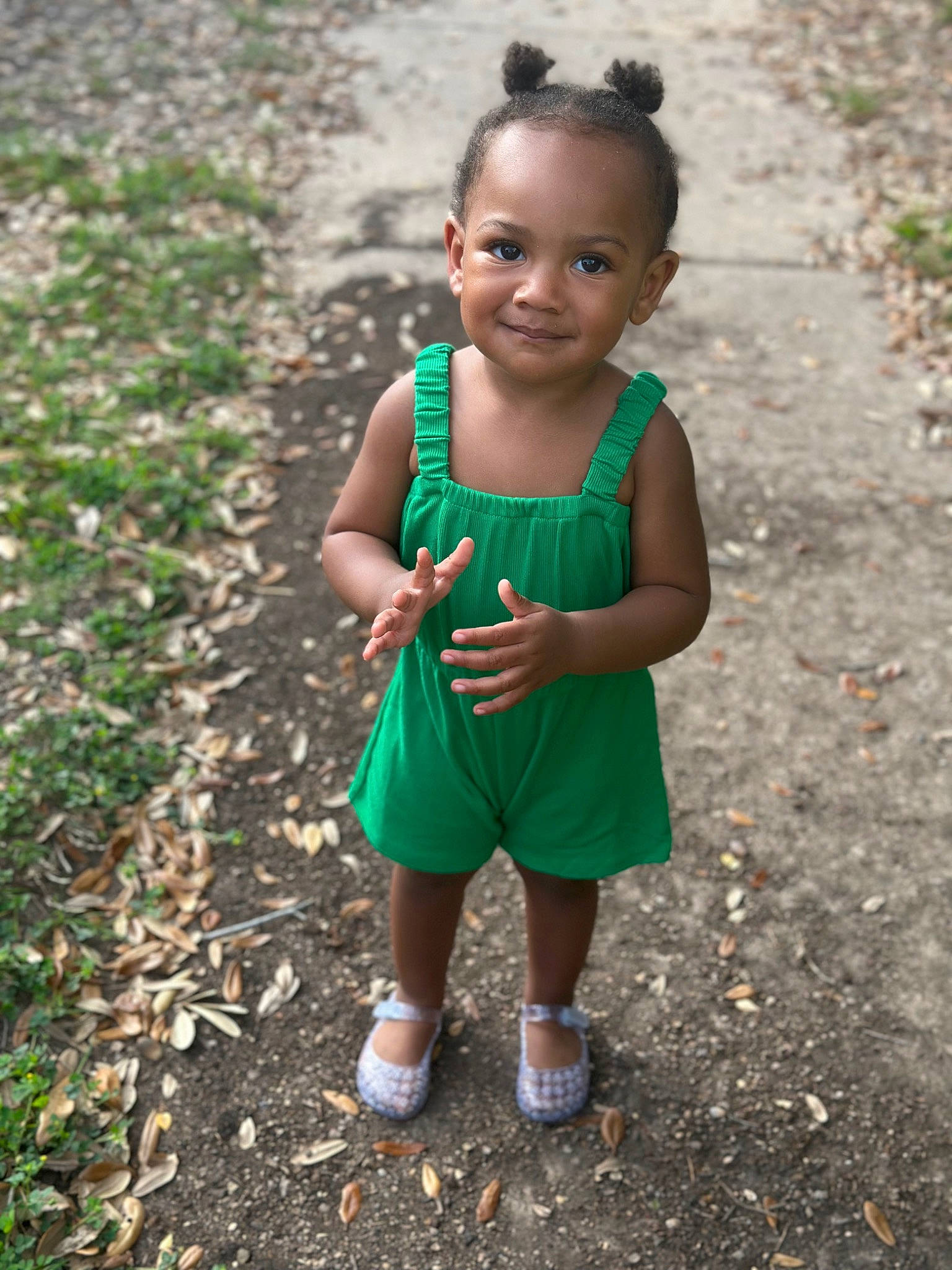 Noelle joined the competition — help win amazing prizes! baby_toddler_clothing, child, eye, face, fun, grass, hair, hairstyle, happy, head, human_body, joy, leaf, nature, people_in_nature, person, plant, recreation, sandal, smile