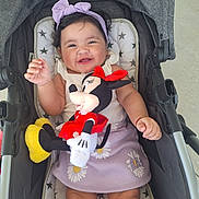 Julieta Solorzano is registered to the contest to win money with this photo: baby, child, stroller, plush_toy, minnie_mouse, headband, smile, happy, cute, purple_skirt, daisies, cushion, star_pattern, infant, person, toy, clothing, indoor, closeup, portrait