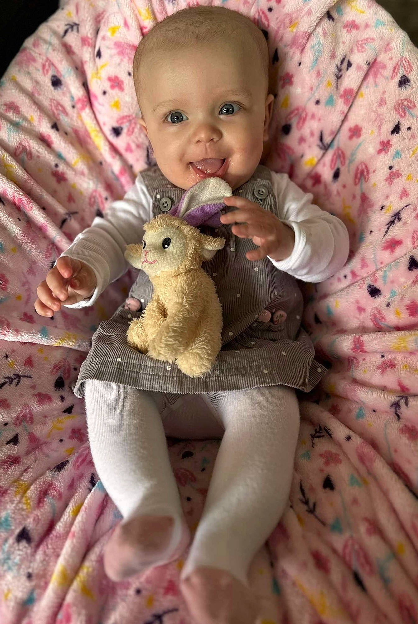 Avery joined the competition — help win amazing prizes! arm, baby, baby_toddler_clothing, child, comfort, eye, fawn, finger, fur, mammal, nail, organ, person, photograph, pink, skin, smile, stuffed_toy, toddler, toy