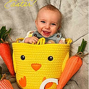 Coe joined the competition — help win amazing prizes! baby, basket, blanket, carrots, child, costume, cute, decor, easter, fabric, face, happy, head, holiday, indoors, plush, portrait, props, smiling, yellow