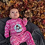 baby, infant, pink_onesie, penguin, snow_globe, blanket, autumn_leaves, fall, outdoor, nature, child, cute, seasonal, warm_clothing, leaf_litter, portrait, young_child, cozy, soft_texture, curious