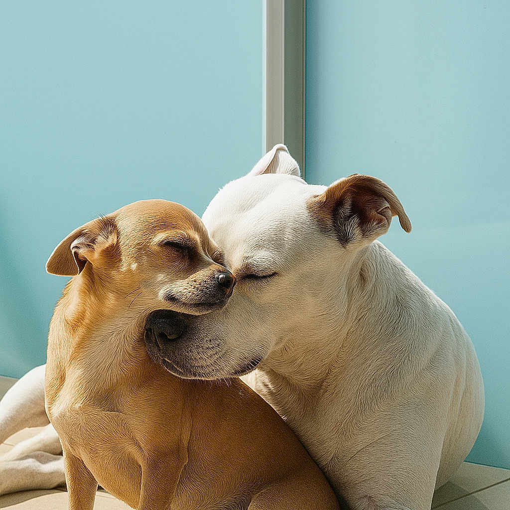 Leia Et Fifi a rejoint le concours — aidez-le/la à gagner de superbes lots ! affection, animals, calm, close_up, companionship, cute, dog, dogs, floor, friendship, indoor, large_dog, peaceful, pets, resting, small_dog, snuggling, sunlight, tan_dog, white_dog
