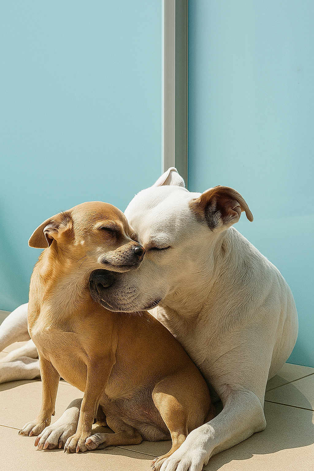 Leia Et Fifi a rejoint le concours — aidez-le/la à gagner de superbes lots ! dog, dogs, small_dog, large_dog, tan_dog, white_dog, pets, animals, sunlight, affection, companionship, floor, indoor, cute, friendship, close_up, snuggling, resting, calm, peaceful