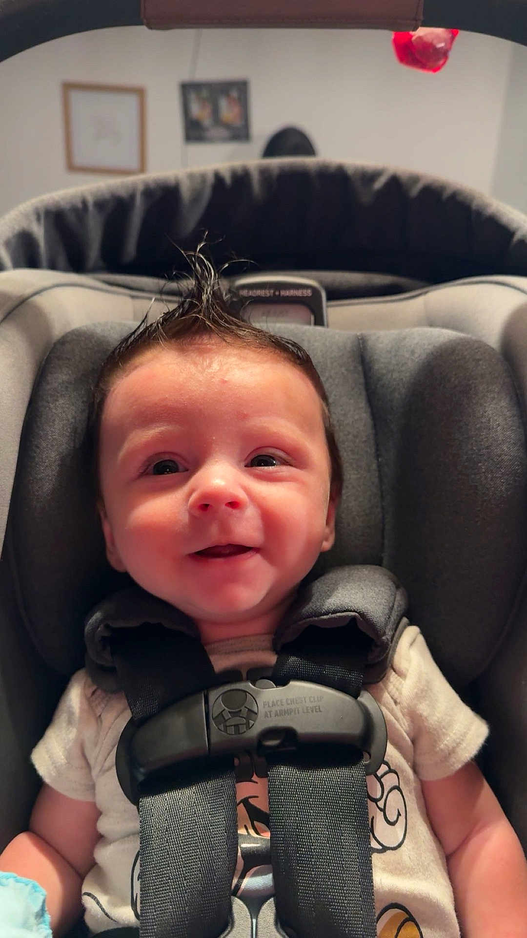 Greyson joined the competition — help win amazing prizes! baby, child, car_seat, smiling, happy, mohawk, hair, infant, seatbelt, clothing, indoors, person, closeup, cute, face, baby_toddler, safety, seat, straps, portrait