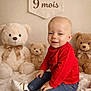 baby, child, teddy_bear, plush_toy, red_sweater, jeans, white_shoes, banner, milestone, smiling, sitting, blanket, soft_toy, cute, indoors, portrait, cozy, decor, happy, infant