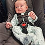 David is registered to the contest to win money with this photo: baby, car_seat, onesie, infant, child, seatbelt, straps, gray, cute, looking_sideways, expression, clothing, indoor, sitting, safety, young_child, face, hands, footed_pajamas, comfort