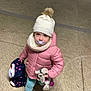 Chloé participe au concours pour gagner de l'argent avec cette photo : child, toddler, pink_jacket, white_hat, pom_pom, pacifier, plush_toy, blanket, blue_pants, black_boots, indoor, floor, walking, curious, winter_clothing, baby, cute, motion_blur, person, young