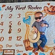 Miguel joined the competition — help win amazing prizes! baby, child, cowboy, sunglasses, hat, boots, jeans, shirt, milestone_blanket, first_rodeo, portrait, lying_down, indoor, textile, numbers, western_theme, colorful, costume, smiling, photography
