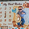 baby, child, cowboy, sunglasses, hat, boots, jeans, shirt, milestone_blanket, first_rodeo, portrait, lying_down, indoor, textile, numbers, western_theme, colorful, costume, smiling, photography
