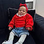 Kyanna a rejoint le concours — aidez-le/la à gagner de superbes lots ! baby, black_cushion, child, childhood, couch, cozy, cute, denim_shorts, fashion, happy, headband, indoor, infant, portrait, red_sweater, seated, smiling, tongue_out, white_shoes, white_tights
