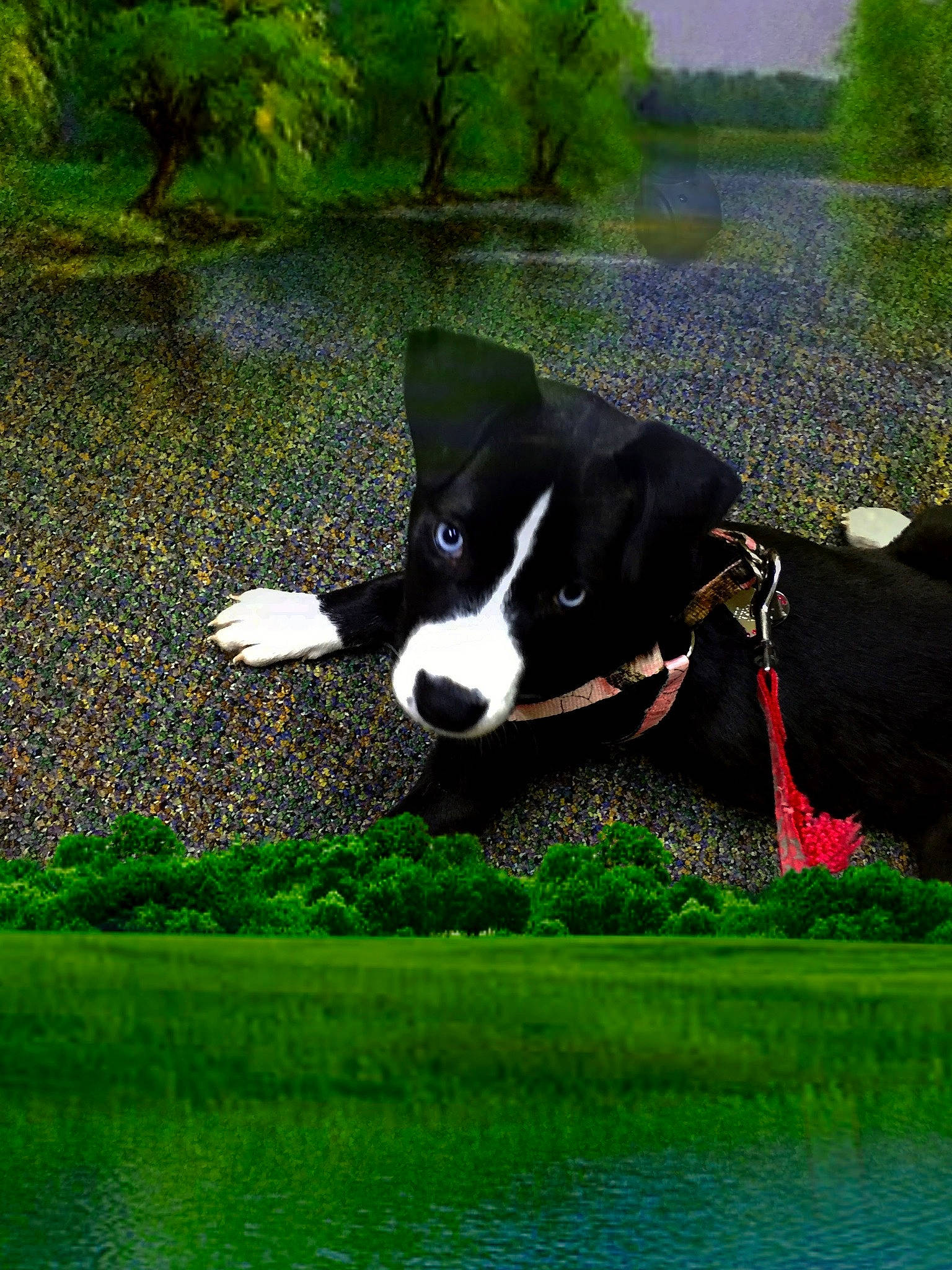 Karma is registered to the contest to win money with this photo: body_of_water, carnivore, companion_dog, dog, dog_breed, grass, grassland, green, lake, landscape, lawn, leisure, meadow, natural_landscape, nature, plant, water, water_resources, watercourse, working_animal