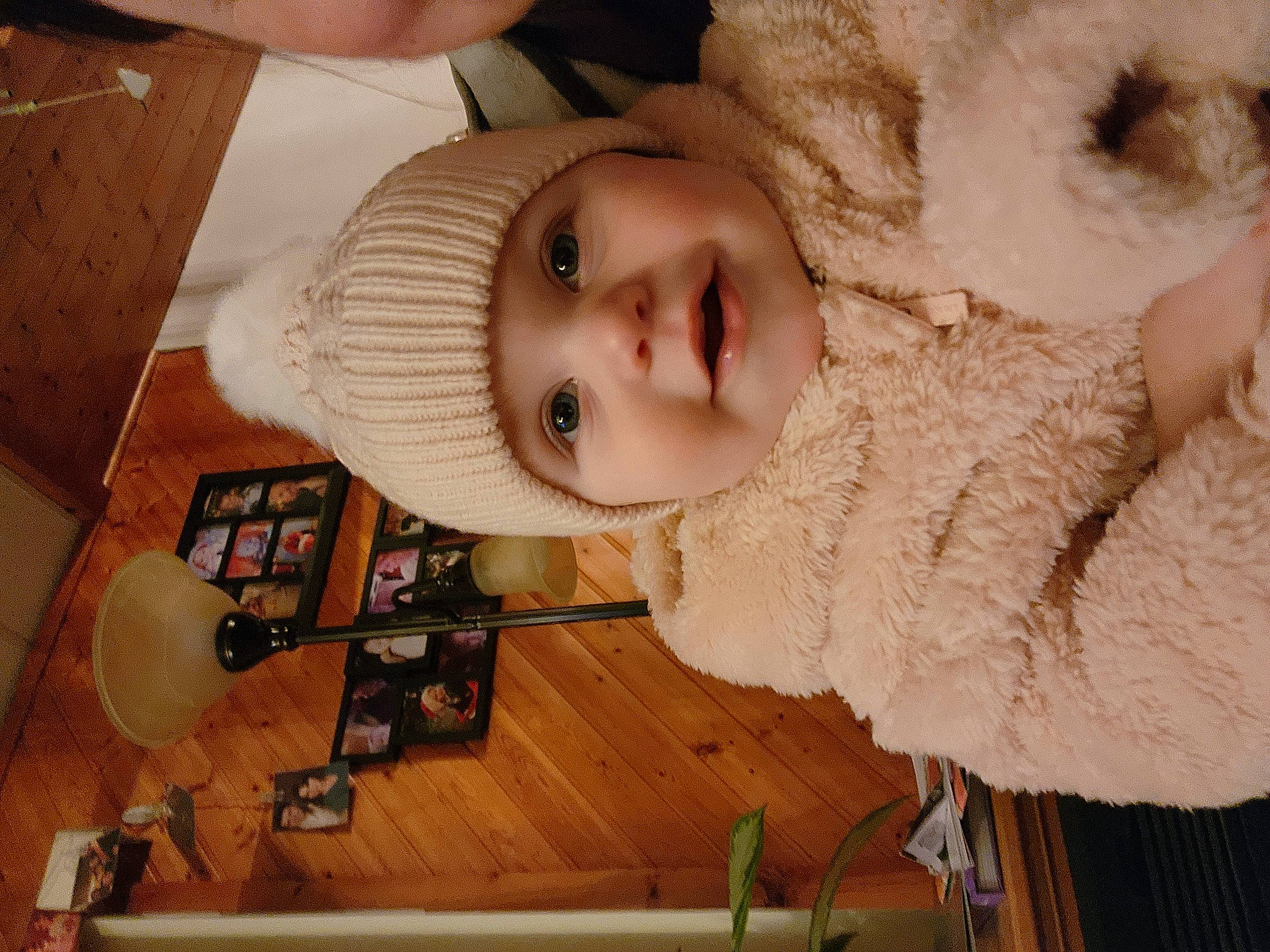 Evelyn is registered to the contest to win money with this photo: baby, baby_products, baby_toddler_clothing, cheek, child, ear, eyelash, flooring, fun, fur, happy, hardwood, headwear, iris, nose, person, room, smile, toddler, toy