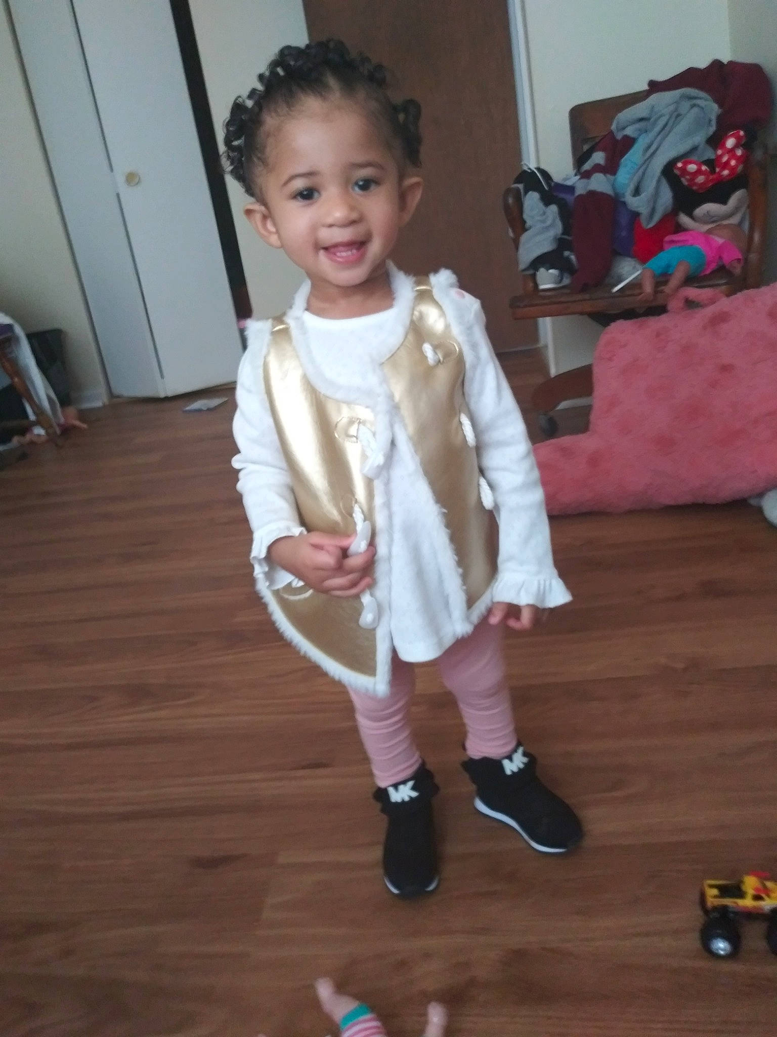 Aziah joined the competition — help win amazing prizes! child, flooring, footwear, joint, joy, outerwear, person, play, shoe, standing, toddler