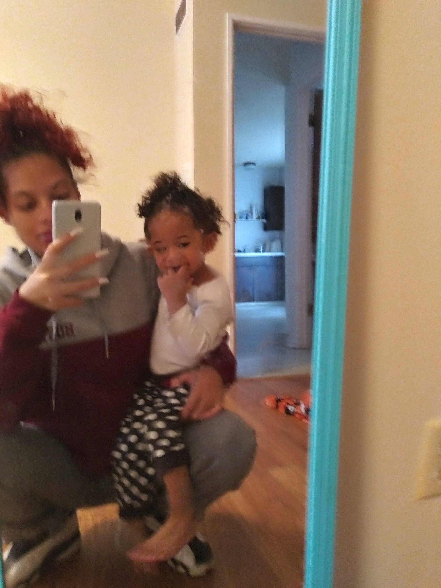 Aziah is registered to the contest to win money with this photo: abdomen, baby, child, daughter, house, leg, mirror, person, photography, room, selfie, shoulder, skin, standing, toddler