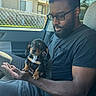 man, puppy, dog, dachshund, car, seatbelt, window, glasses, beard, black_tshirt, hand, sitting, interior, daylight, fence, house, calm, pet, cute, animal