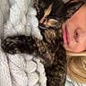 cat, kitten, tortoiseshell, sleeping, person, face, blonde_hair, blanket, furry_blanket, cuddling, cozy, indoors, bed, relaxed, pet, whiskers, ears, closeup, portrait, nap