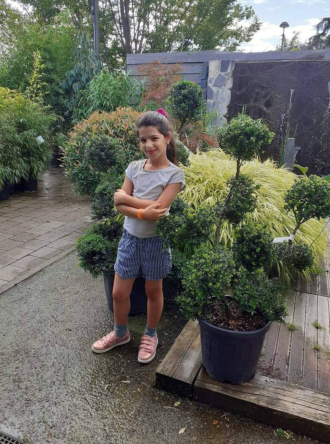 Ania participe au concours pour gagner de l'argent avec cette photo : botany, child, flowerpot, garden, houseplant, joy, person, plant, shorts, shrub, summer, thuya, tree, vacation, woody_plant