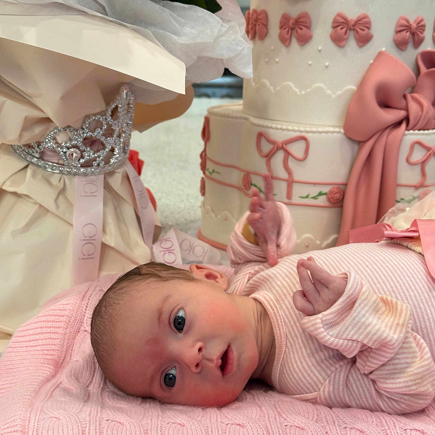 Elisaveta joined the competition — help win amazing prizes! baby, birthday_cake, blanket, cake, celebration, closeup, cute, decorations, flowers, gift_wrap, indoor, infant, knitted, laying_down, newborn, pink, portrait, ribbons, soft_texture, tiara