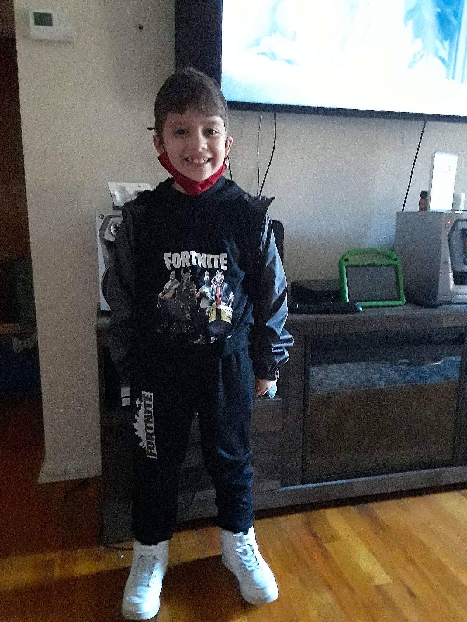 Bentley joined the competition — help win amazing prizes! comfort, electric_blue, floor, flooring, fun, hardwood, joint, joy, knee, person, shoe, shoulder, sleeve, smile, sneakers, sportswear, standing, sweatpant, t_shirt, television